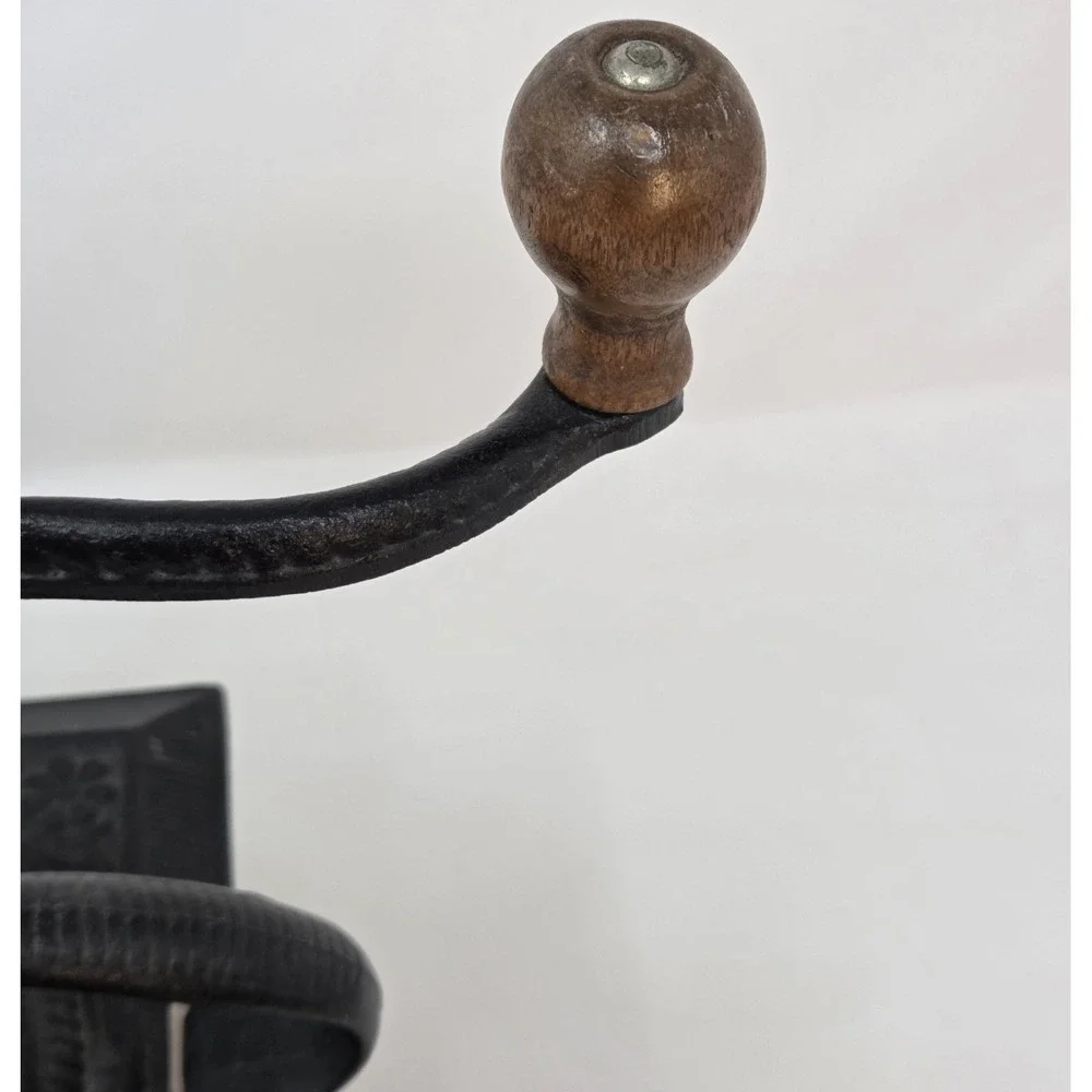 VINTAGE COFFEE GRINDER DOVETAIL WOOD WITH DRAWER & ORNATE CAST IRON TOP